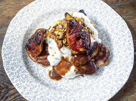 Spelt Pancakes with Figs, Salted Caramel Sauce and Walnuts by Tess Ward