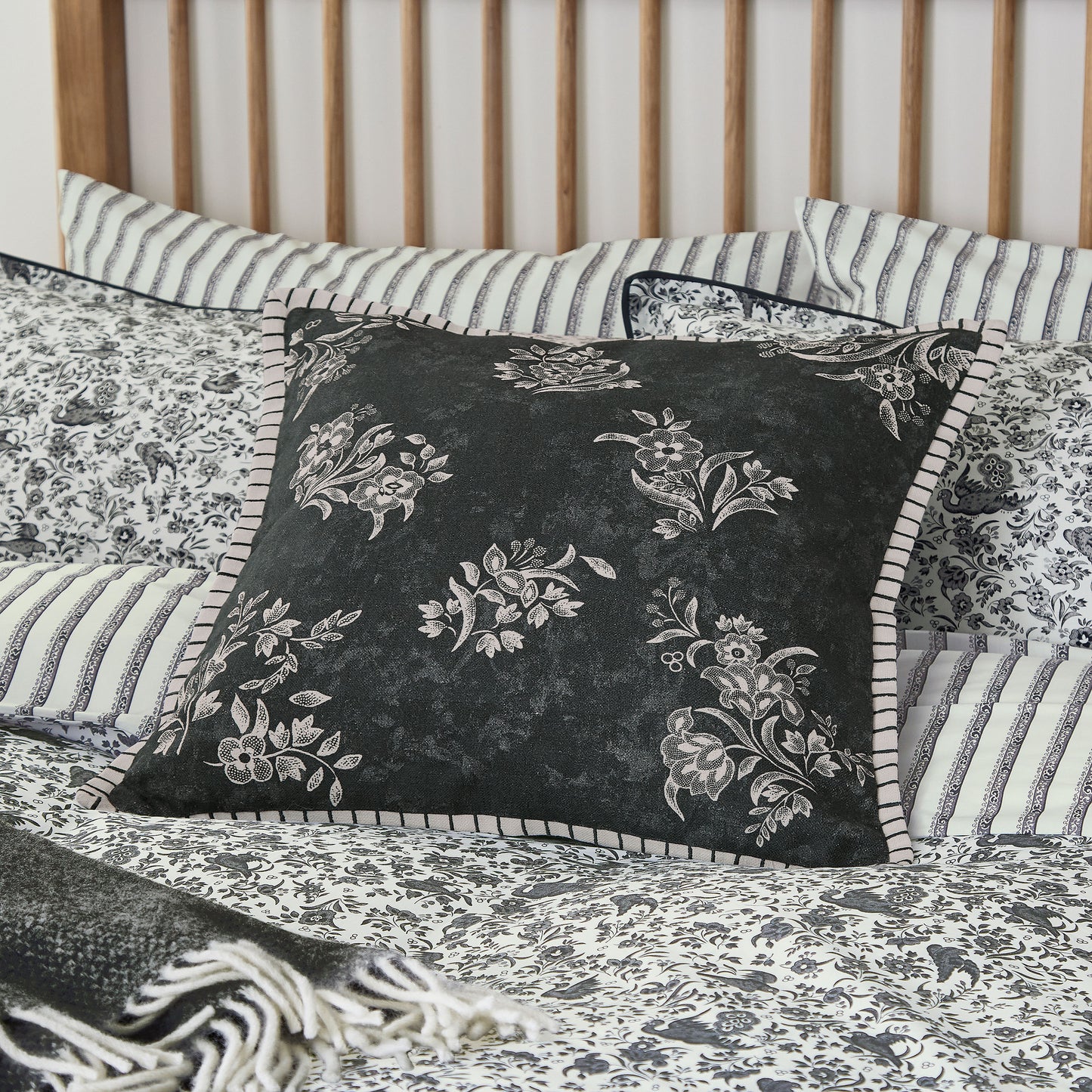 Bedeck x Burleigh Square Cushion 50cm x 50cm, Charcoal White Regal Peacock